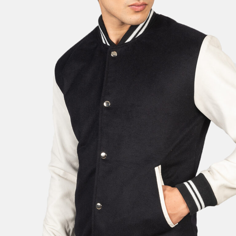 Mens Vaxton Black & White Hybrid Varsity Jacket Close-Up-9-1634136236980